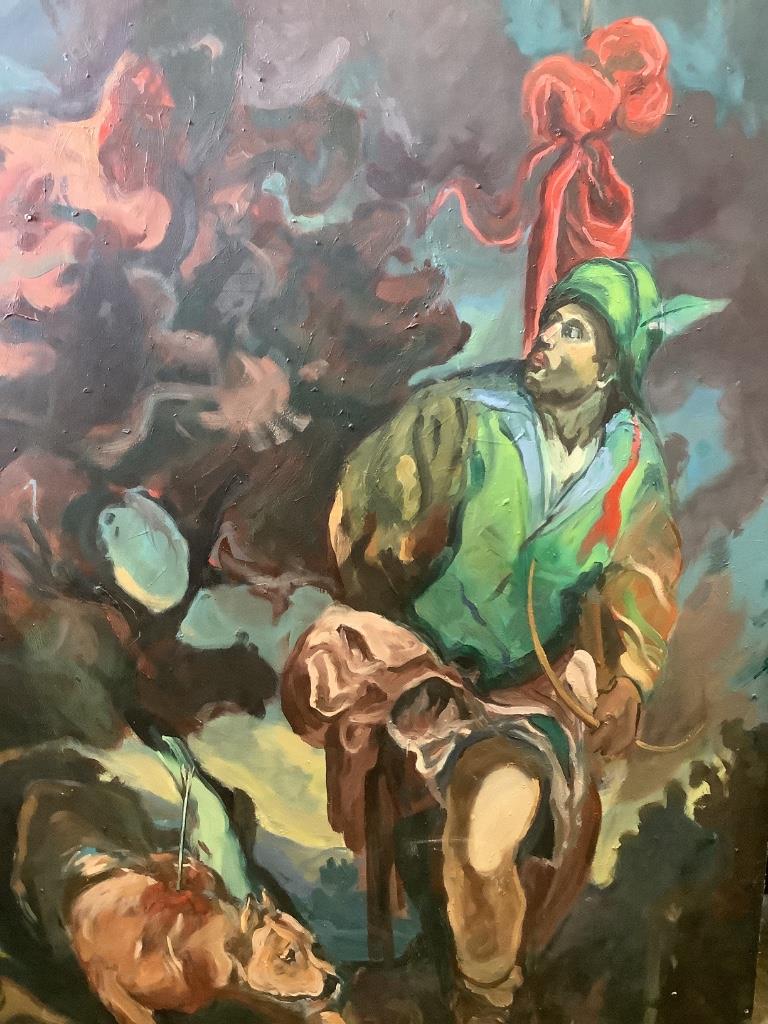 A large unframed oil depicting an archer with prey, width 152cm, height 195cm